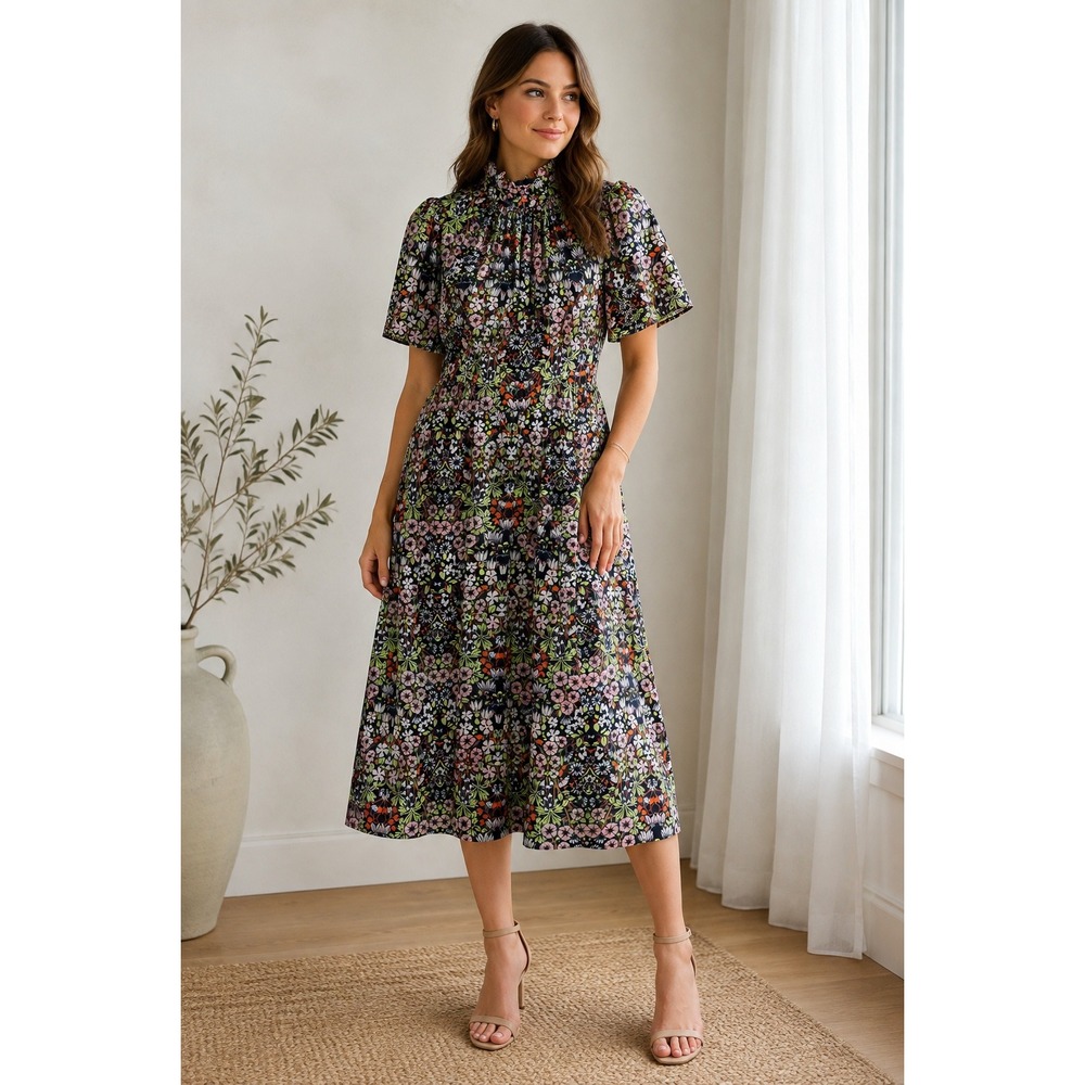 Julia Jordan Floral Ruffle Neck Midi Dress Navy Pink Orange Flutter Sleeve Sz 4